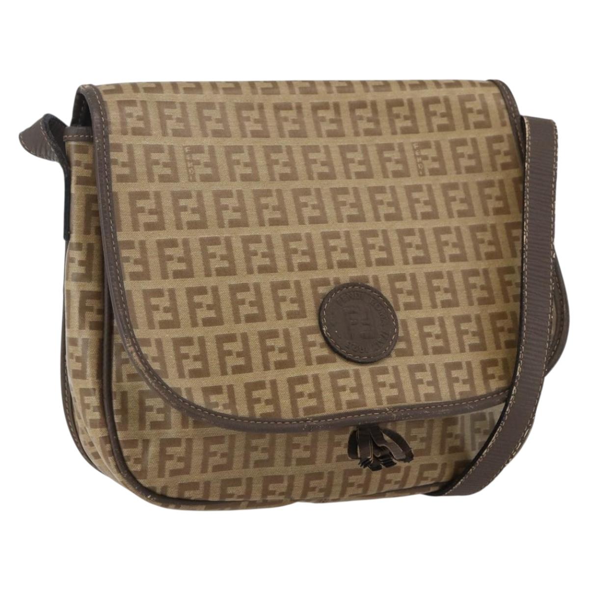 FENDI Zucchino Canvas Shoulder Bag Coated Canvas Beige Silver Auth 169510