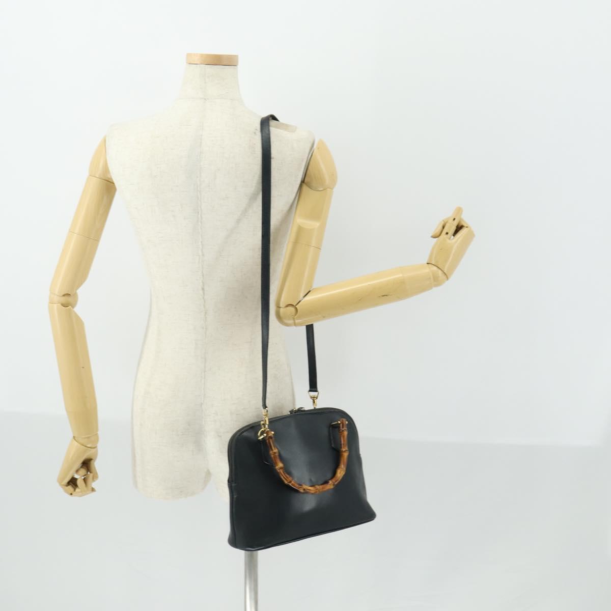 GUCCI Bamboo Hand Bag Leather 2way Black Gold 000 2122 0290 Auth 169514