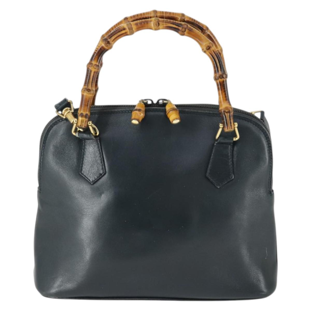 GUCCI Bamboo Hand Bag Leather 2way Black Gold 000 2122 0290 Auth 169514