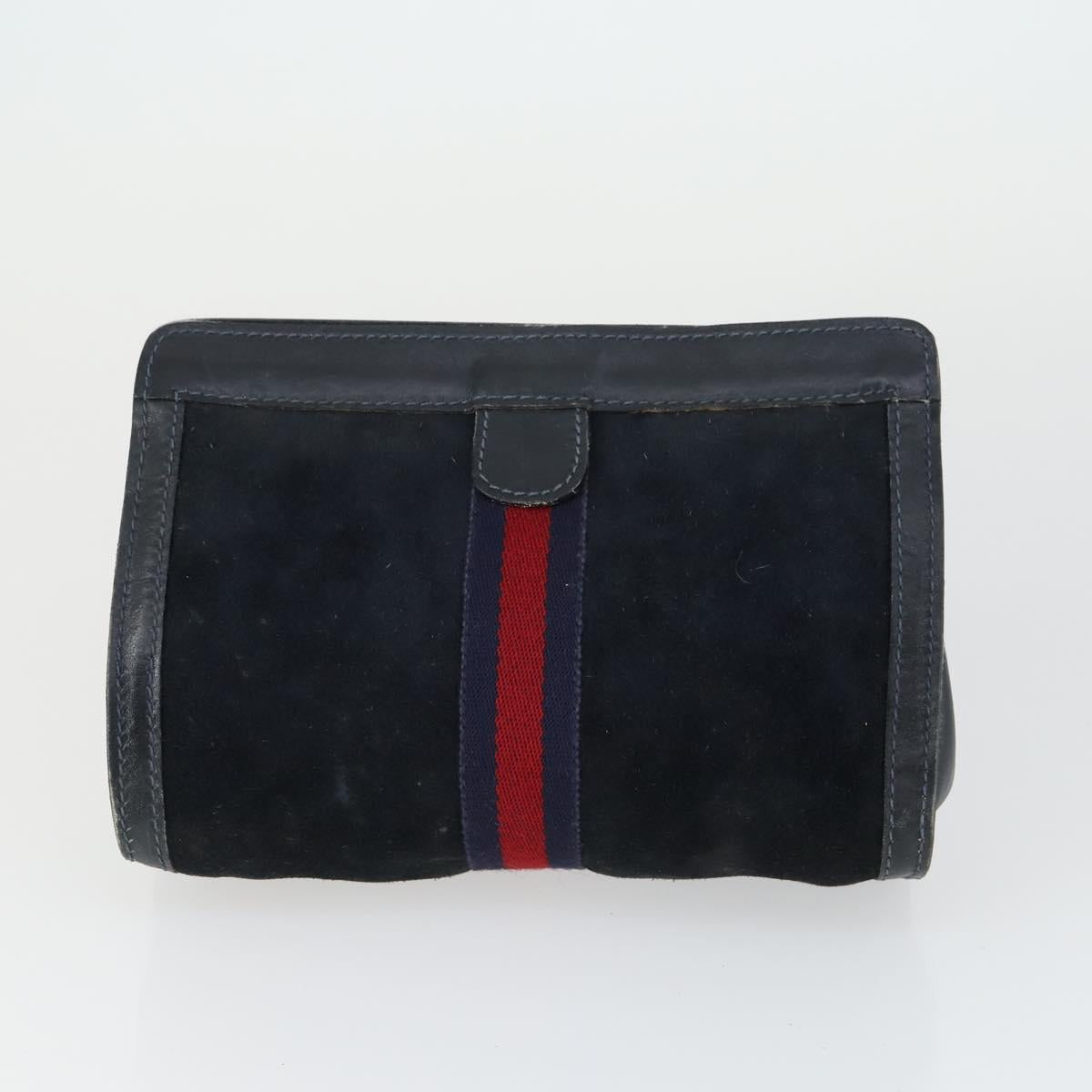 GUCCI Sherry Line Clutch Bag Suede Canvas 2 Set Navy Brown Auth 169518