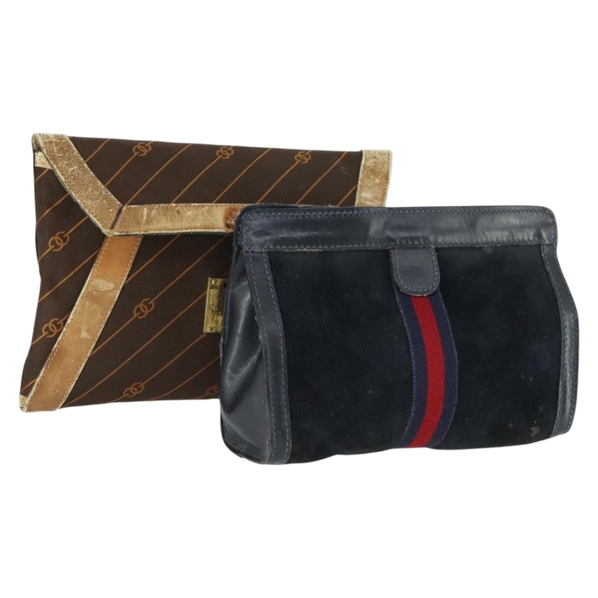 GUCCI Sherry Line Clutch Bag Suede Canvas 2 Set Navy Brown Auth 169518