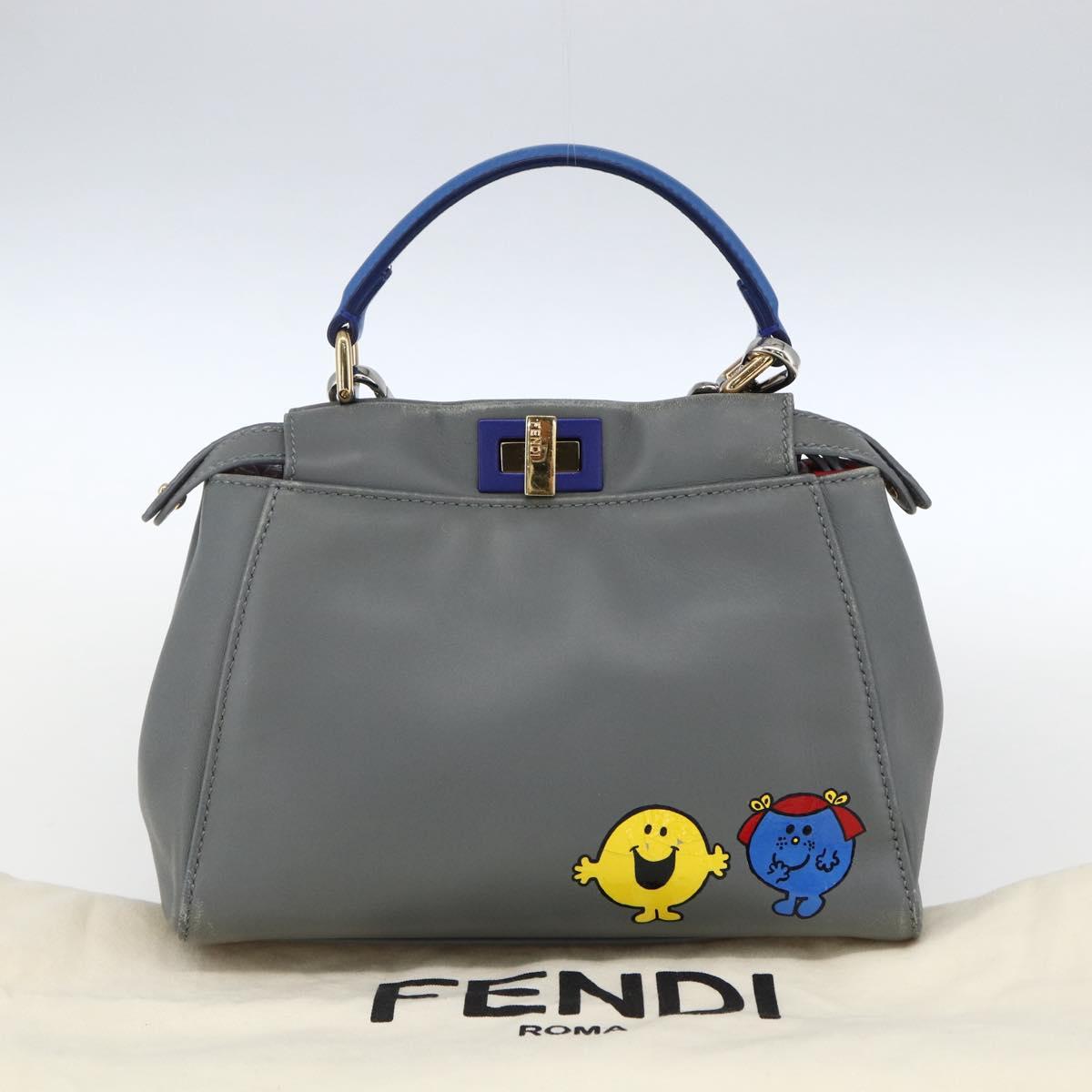FENDI Peek A Boo Mini Hand Bag Leather 2way Gray Gold Auth 169542