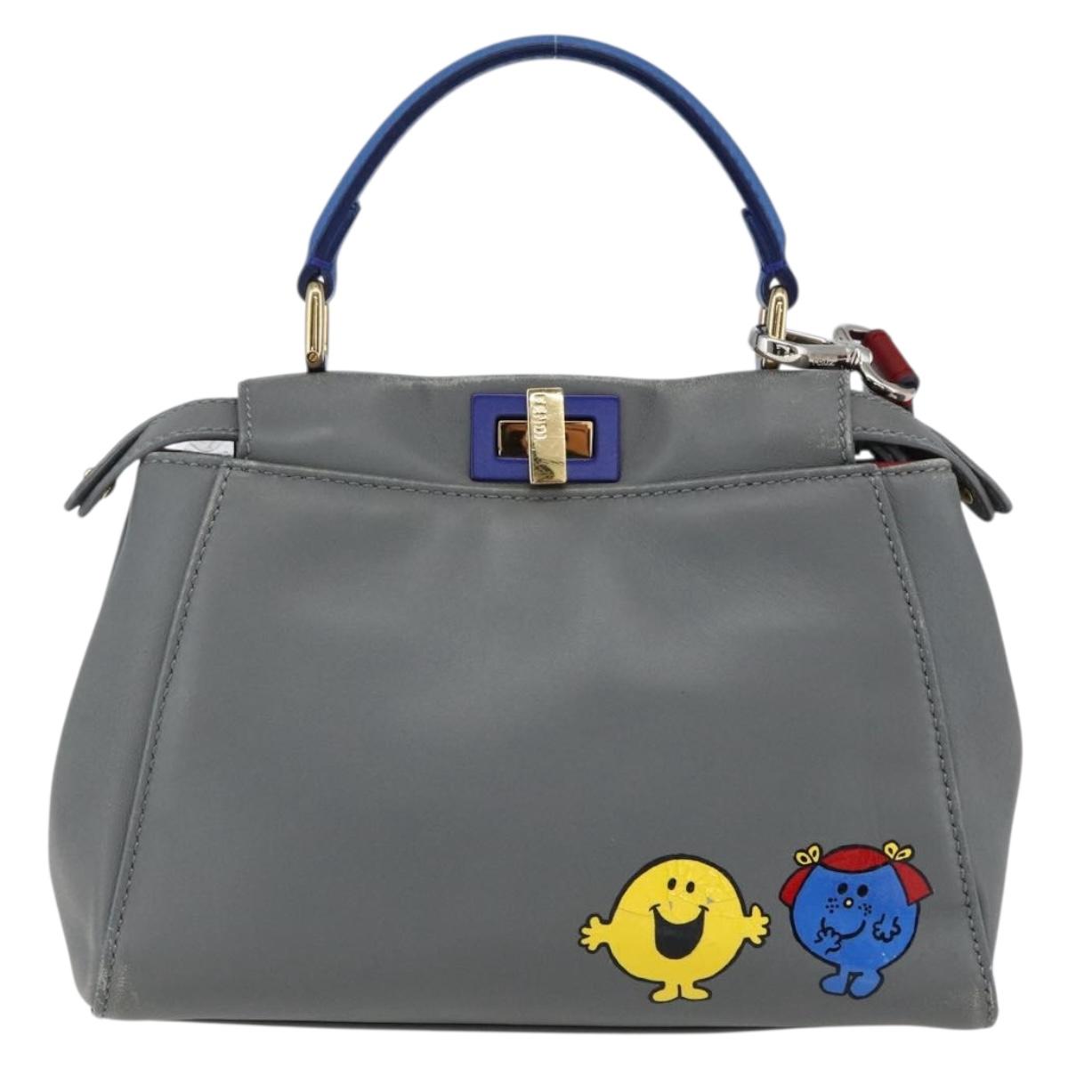 FENDI Peek A Boo Mini Hand Bag Leather 2way Gray Gold Auth 169542