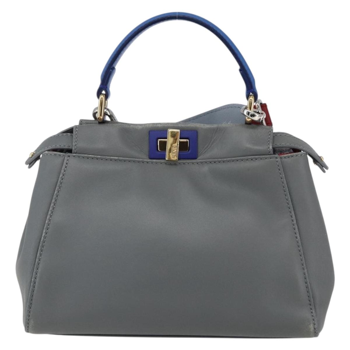 FENDI Peek A Boo Mini Hand Bag Leather 2way Gray Gold Auth 169542