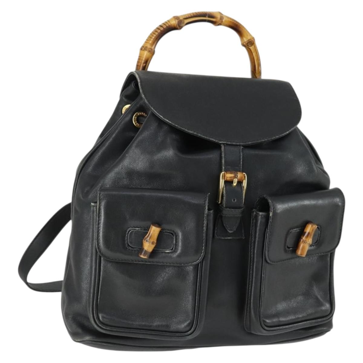 GUCCI Bamboo Backpack Leather Black Gold 003 1998 0016 Auth 169543A