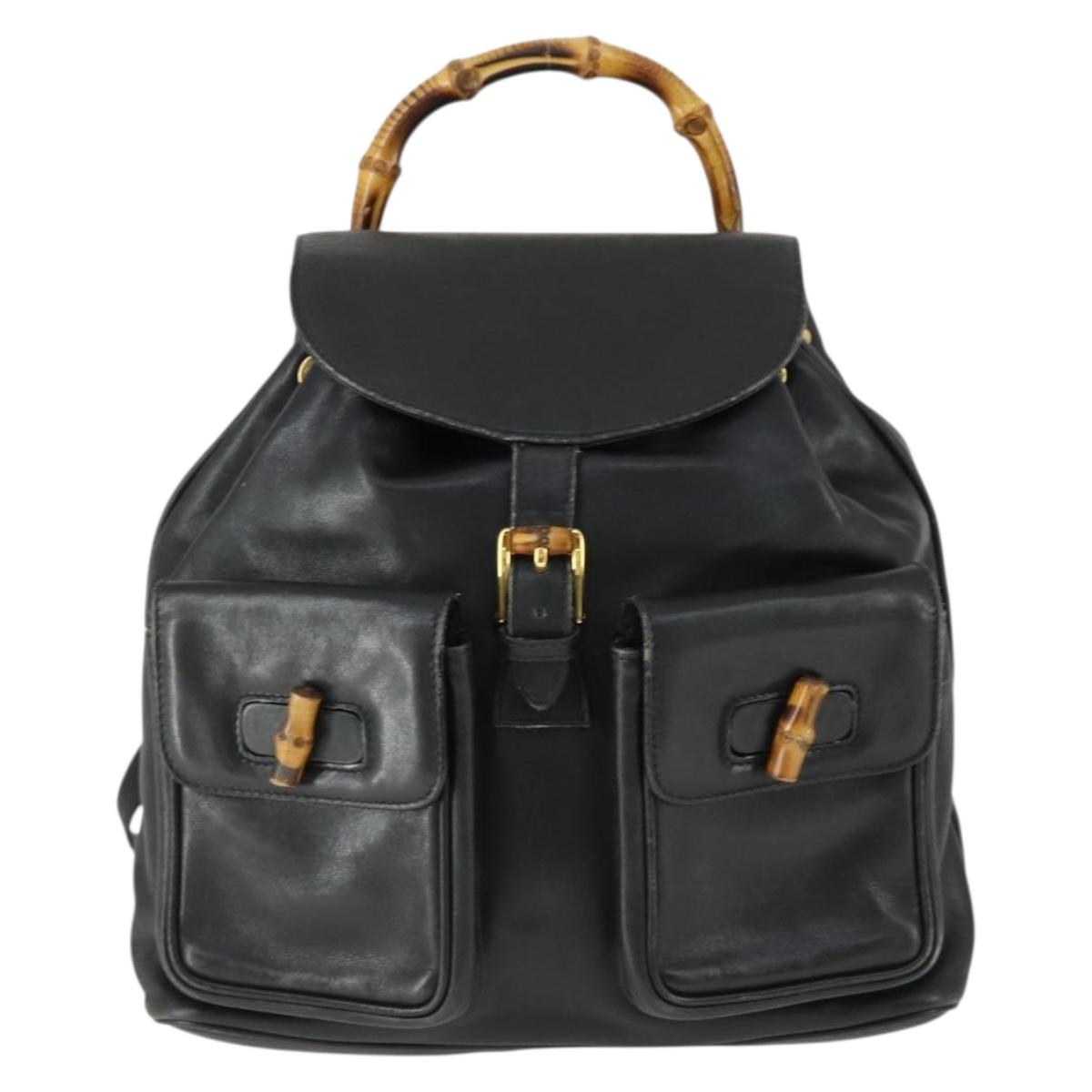 GUCCI Bamboo Backpack Leather Black Gold 003 1998 0016 Auth 169543A