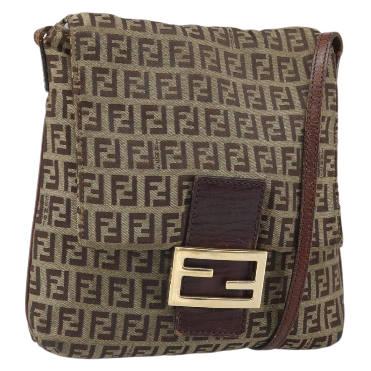 FENDI Zucchino Canvas Shoulder Bag Beige Gold Auth 169575