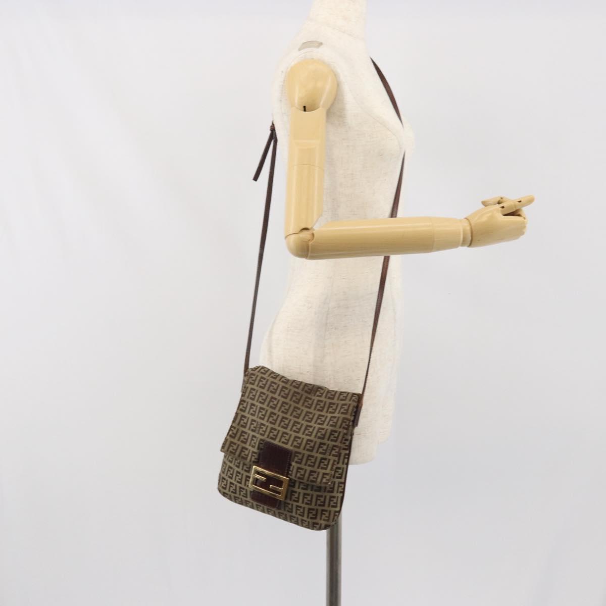 FENDI Zucchino Canvas Shoulder Bag Beige Gold Auth 169575