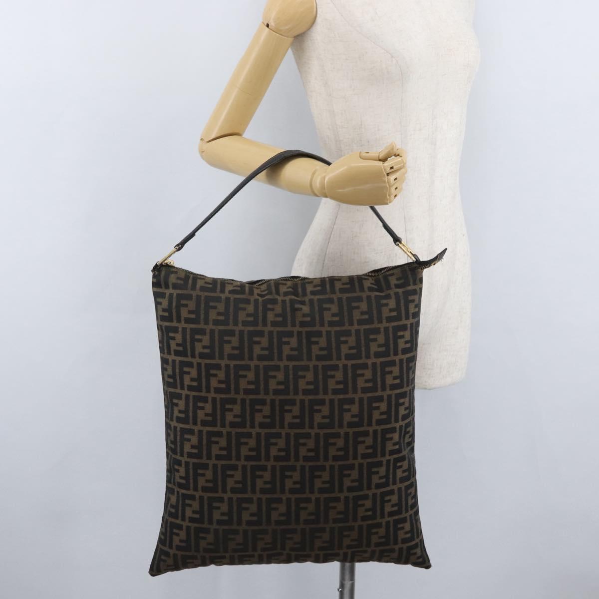 FENDI Zucca Canvas Shoulder Bag Black Brown Auth 169579