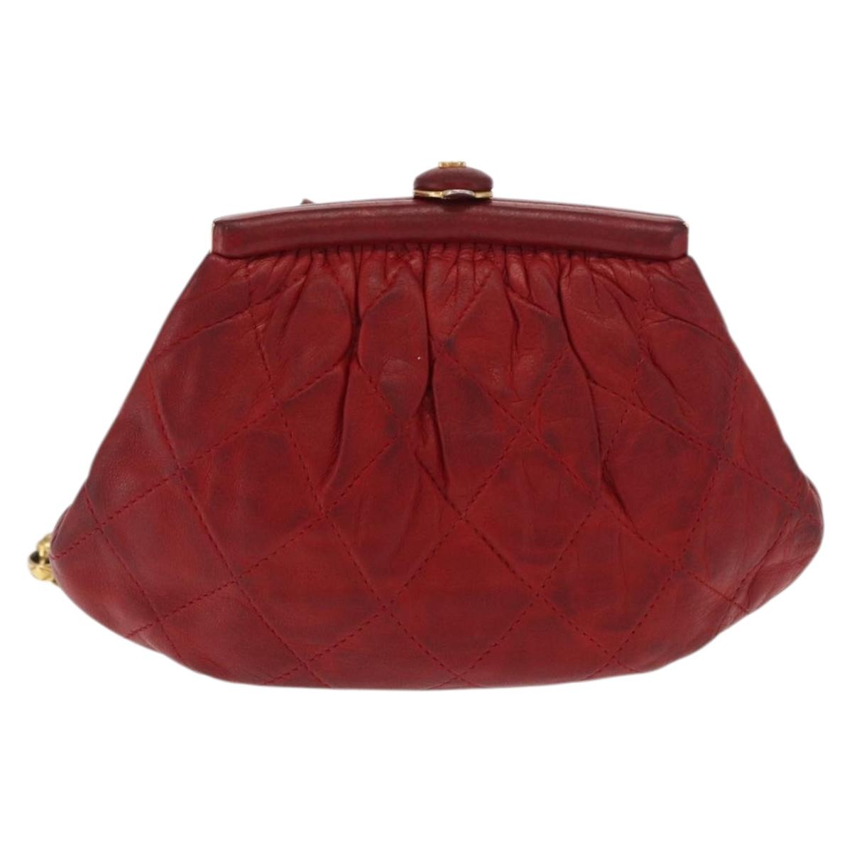 CHANEL Chain Shoulder Pouch Matelasse Leather Red Gold CC Auth 169581
