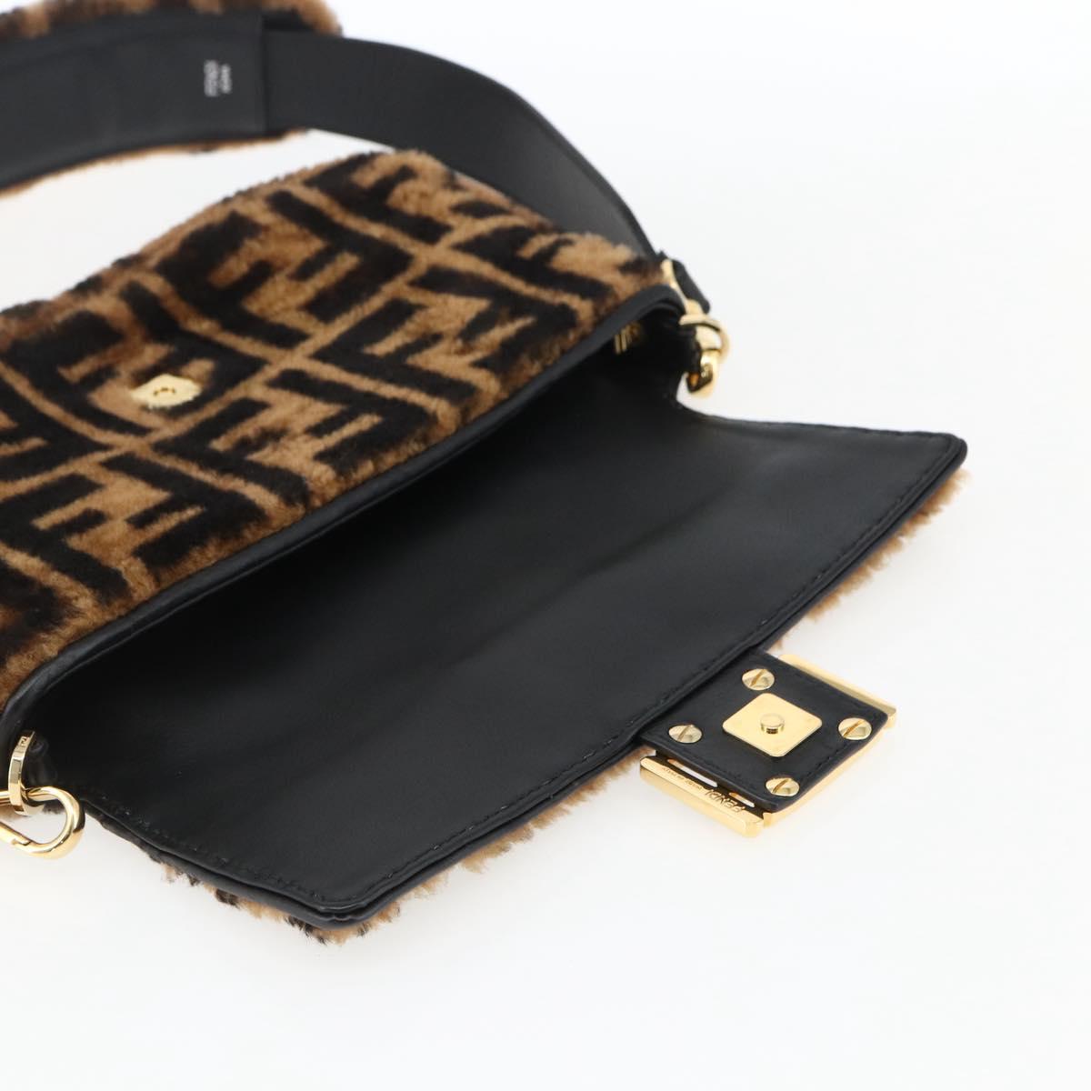 FENDI Zucca Canvas Mamma Baguette Shoulder Bag Fur Black Brown Auth 169591SM