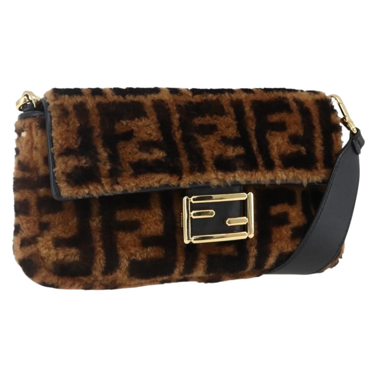 FENDI Zucca Canvas Mamma Baguette Shoulder Bag Fur Black Brown Auth 169591SM