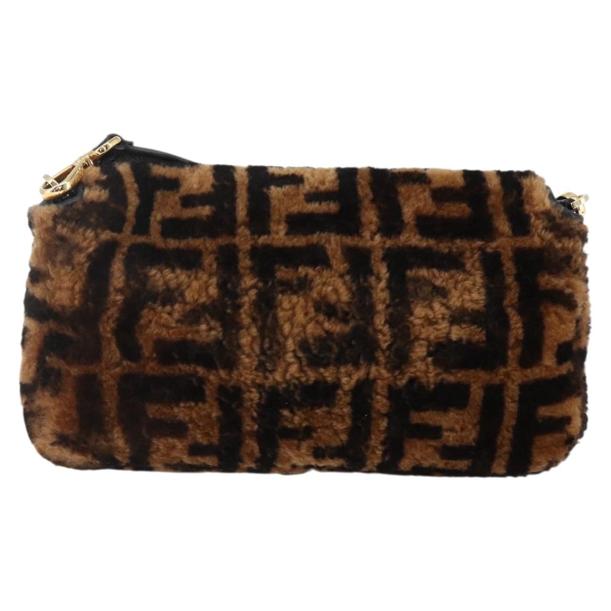 FENDI Zucca Canvas Mamma Baguette Shoulder Bag Fur Black Brown Auth 169591SM
