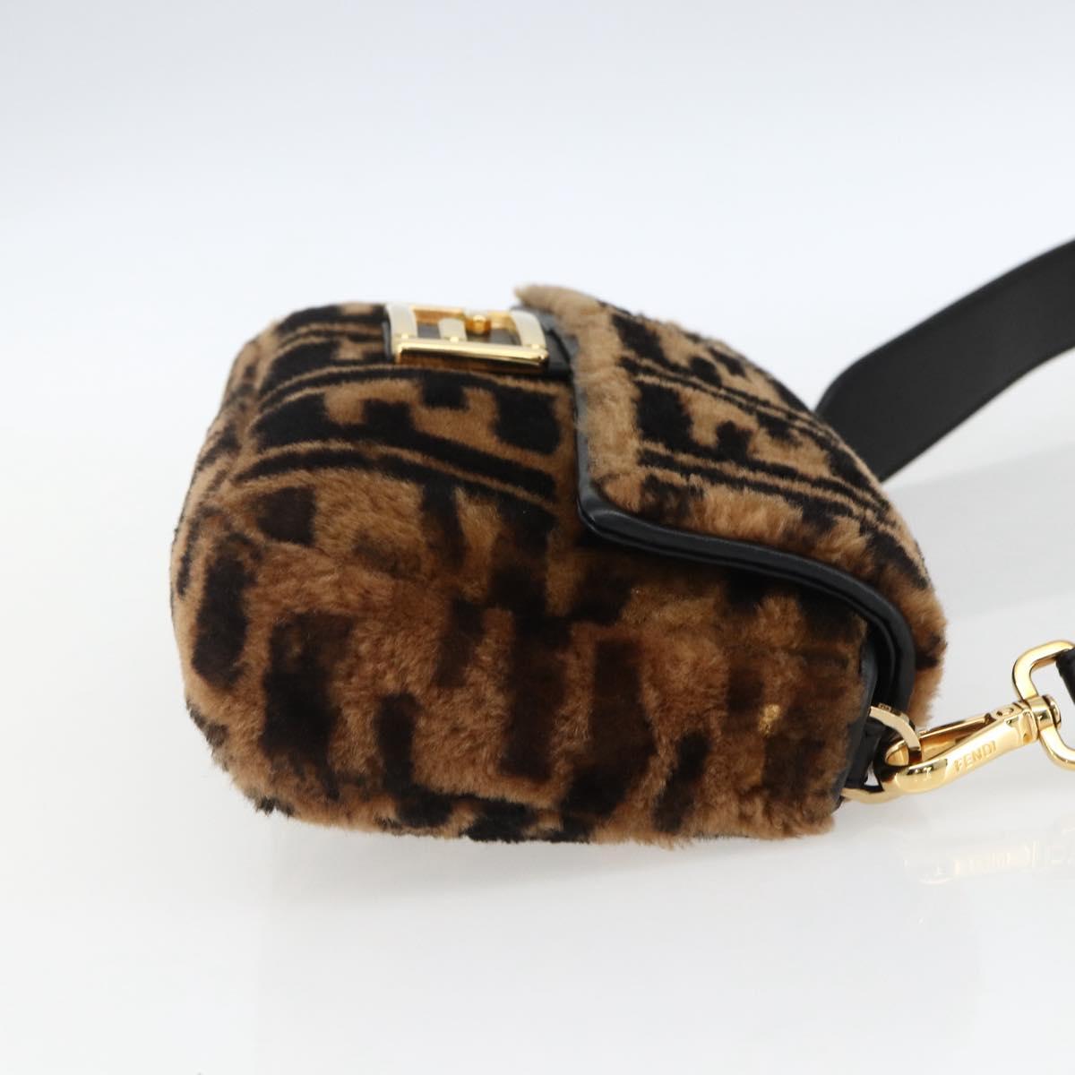 FENDI Zucca Canvas Mamma Baguette Shoulder Bag Fur Black Brown Auth 169591SM