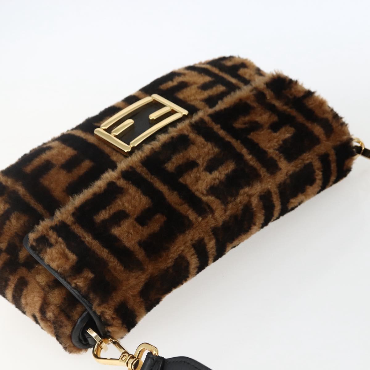FENDI Zucca Canvas Mamma Baguette Shoulder Bag Fur Black Brown Auth 169591SM