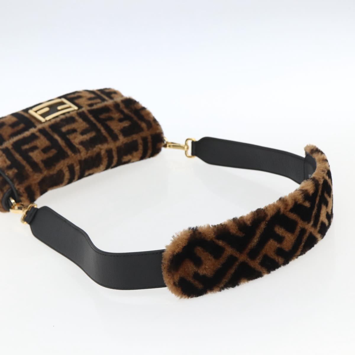 FENDI Zucca Canvas Mamma Baguette Shoulder Bag Fur Black Brown Auth 169591SM