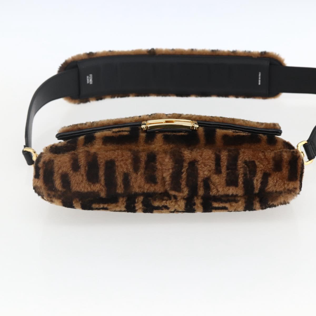 FENDI Zucca Canvas Mamma Baguette Shoulder Bag Fur Black Brown Auth 169591SM