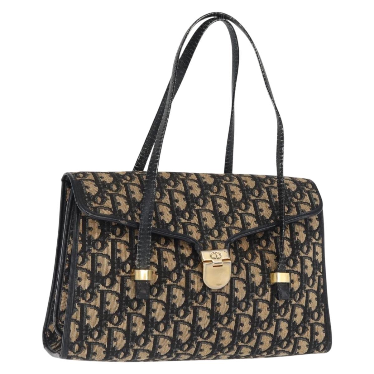 Christian Dior Trotter Canvas Hand Bag Navy Gold Auth 169605