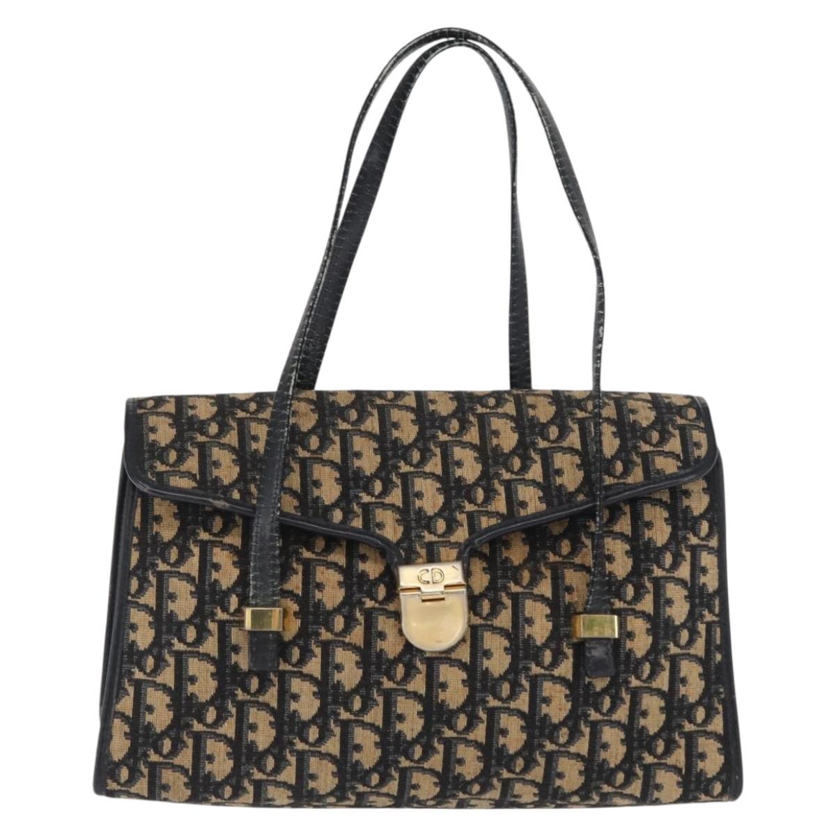 Christian Dior Trotter Canvas Hand Bag Navy Gold Auth 169605