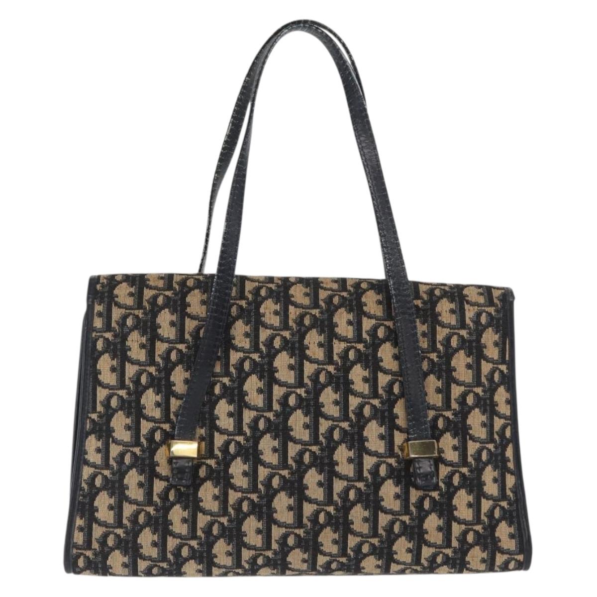 Christian Dior Trotter Canvas Hand Bag Navy Gold Auth 169605