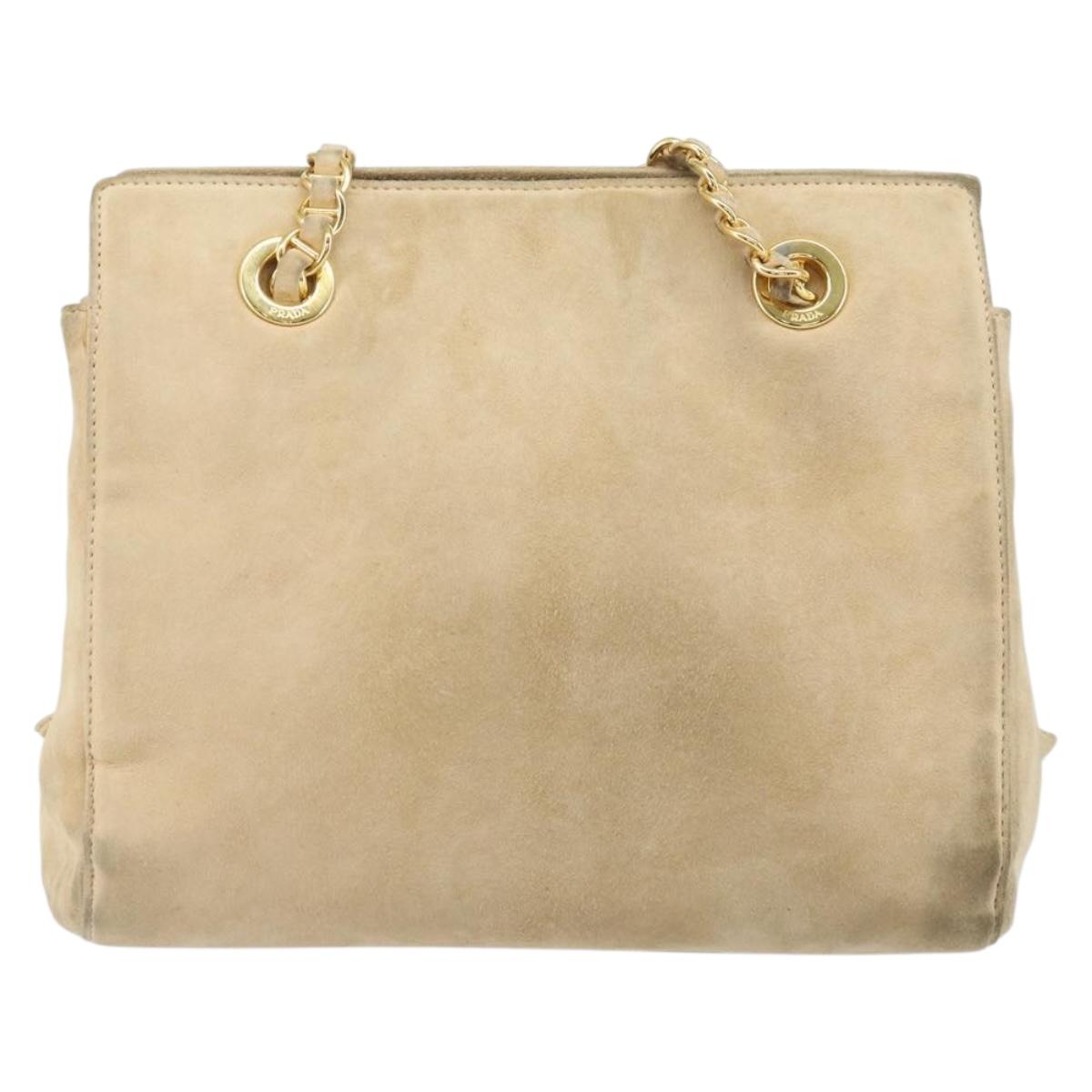 PRADA Chain Shoulder Bag Suede Beige Gold Auth 169631