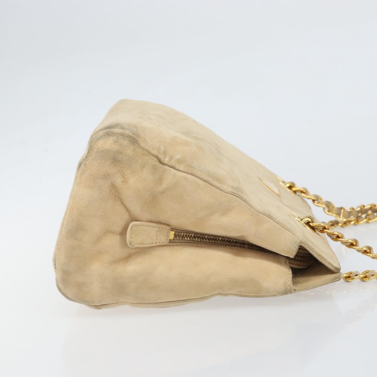 PRADA Chain Shoulder Bag Suede Beige Gold Auth 169631
