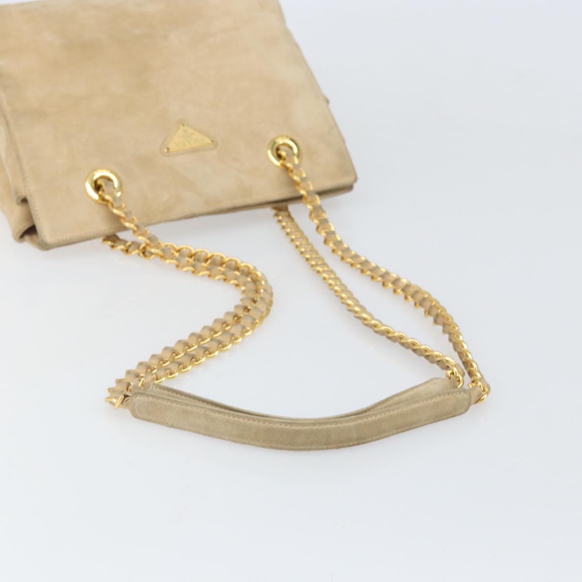 PRADA Chain Shoulder Bag Suede Beige Gold Auth 169631