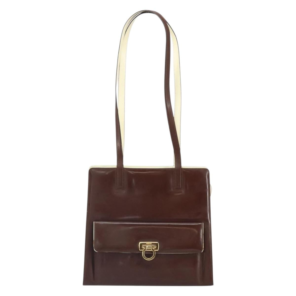 Salvatore Ferragamo Gancini Tote Bag Patent leather Brown Gold Auth 169637