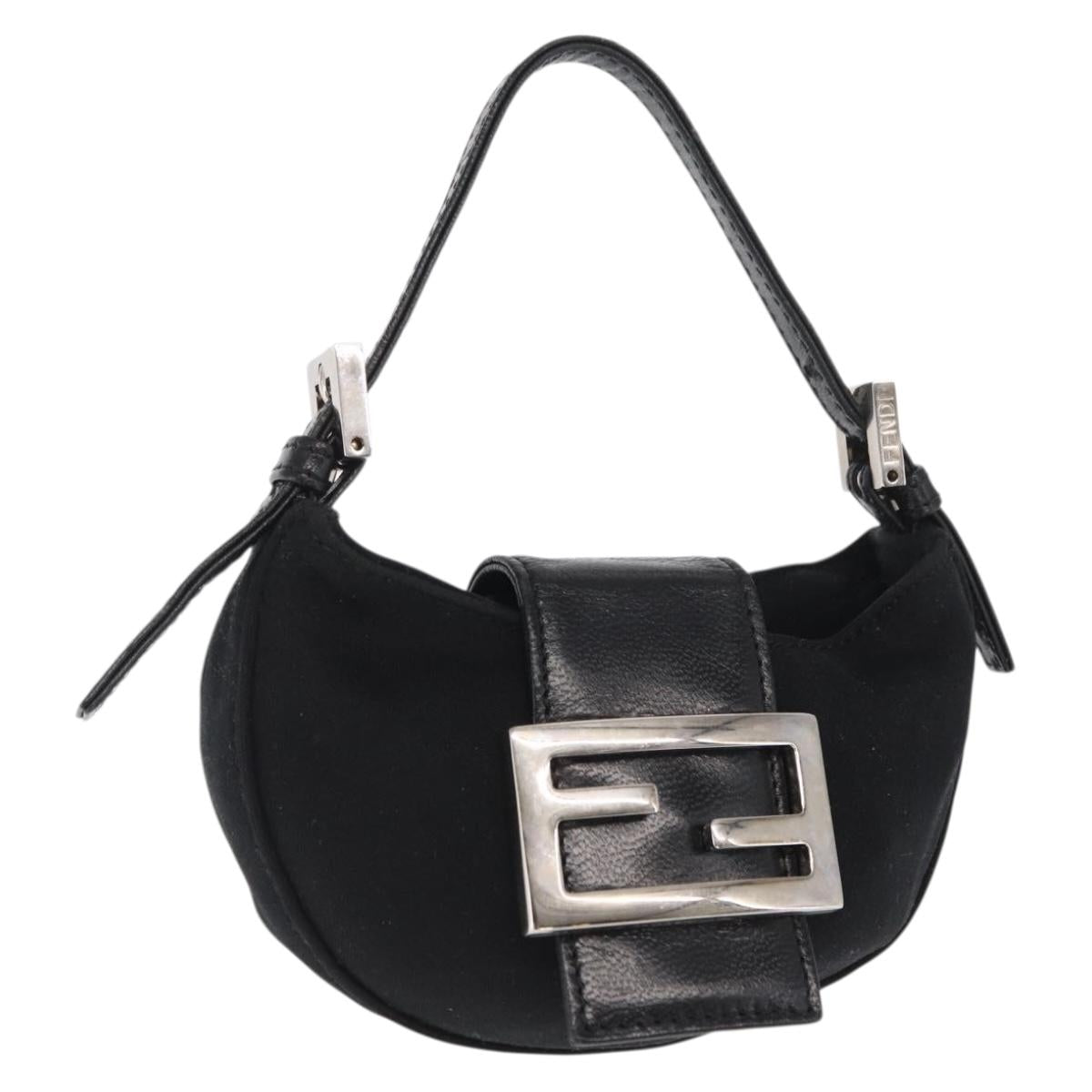 FENDI Mini Croissant Hand Bag Nylon Black Silver Auth 169646