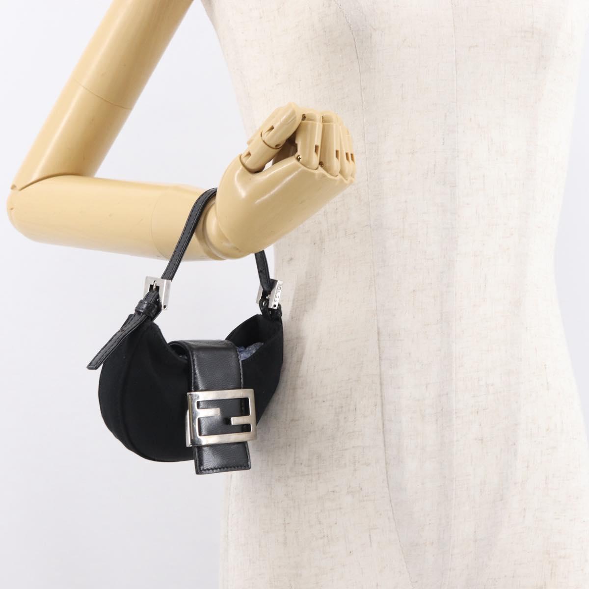 FENDI Mini Croissant Hand Bag Nylon Black Silver Auth 169646