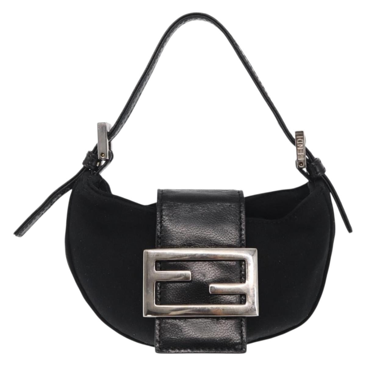 FENDI Mini Croissant Hand Bag Nylon Black Silver Auth 169646