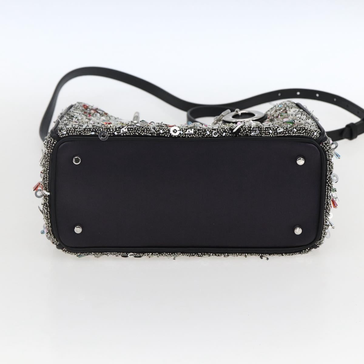 Christian Dior Sequin Lady Dior Hand Bag Leather 2way Black Silver Auth 169660SM
