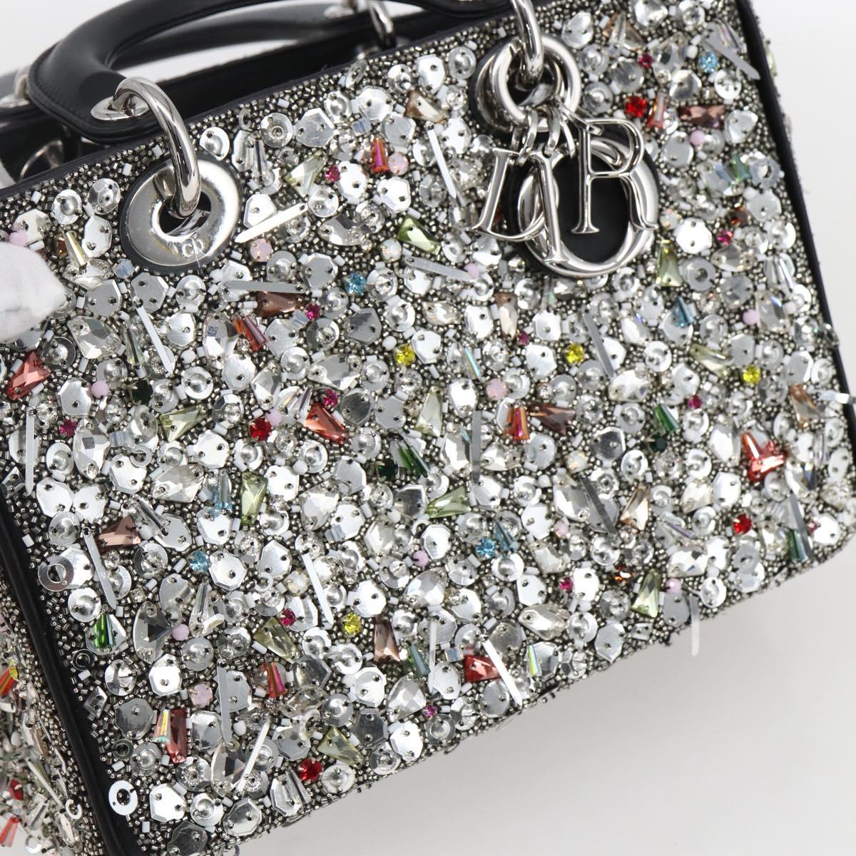 Christian Dior Sequin Lady Dior Hand Bag Leather 2way Black Silver Auth 169660SM