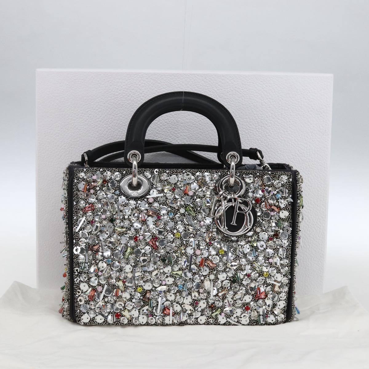 Christian Dior Sequin Lady Dior Hand Bag Leather 2way Black Silver Auth 169660SM