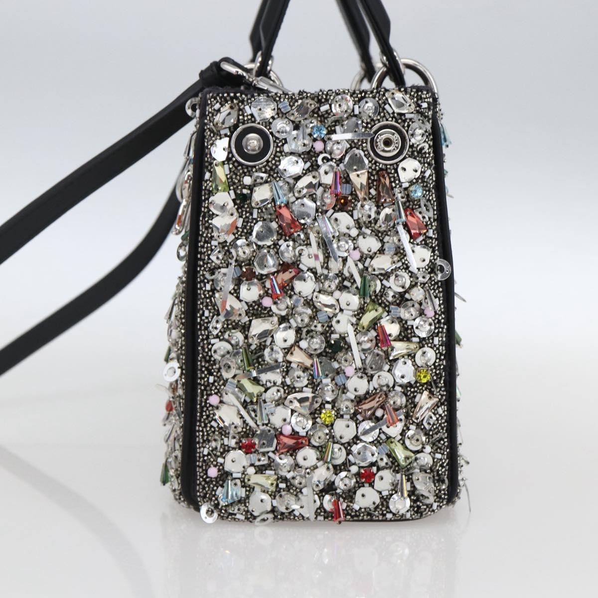 Christian Dior Sequin Lady Dior Hand Bag Leather 2way Black Silver Auth 169660SM