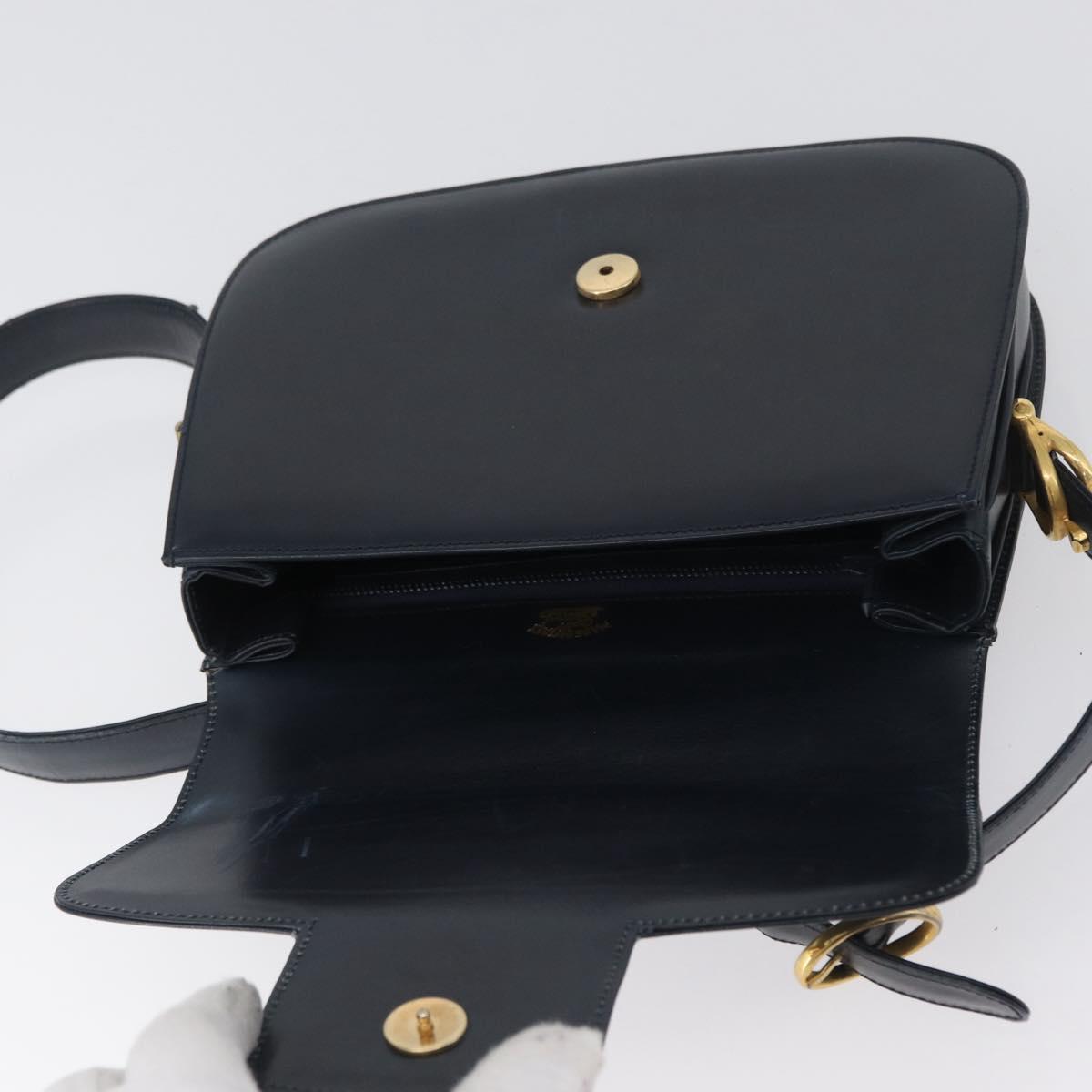 GUCCI Shoulder Bag Leather Navy Gold Auth 169677