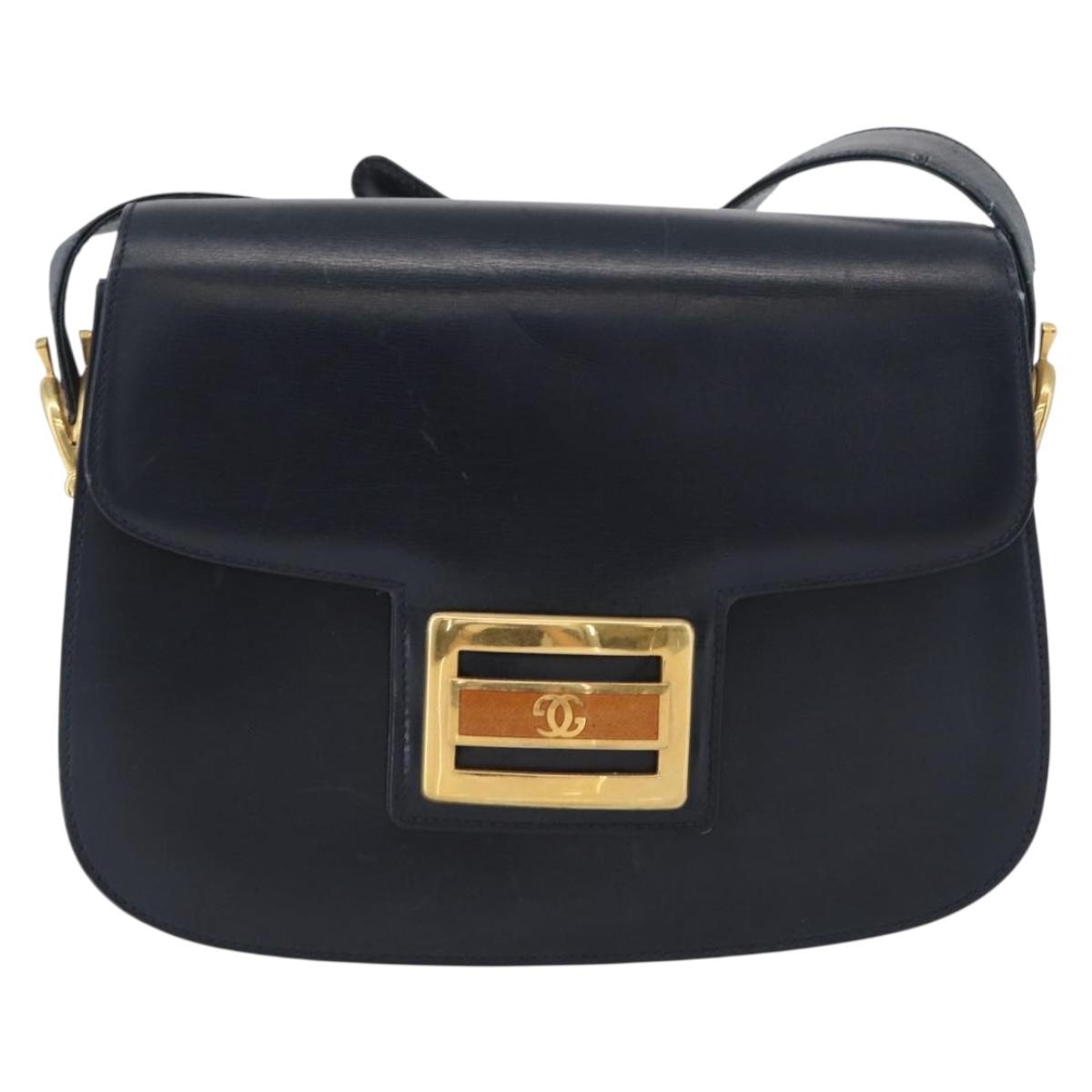 GUCCI Shoulder Bag Leather Navy Gold Auth 169677