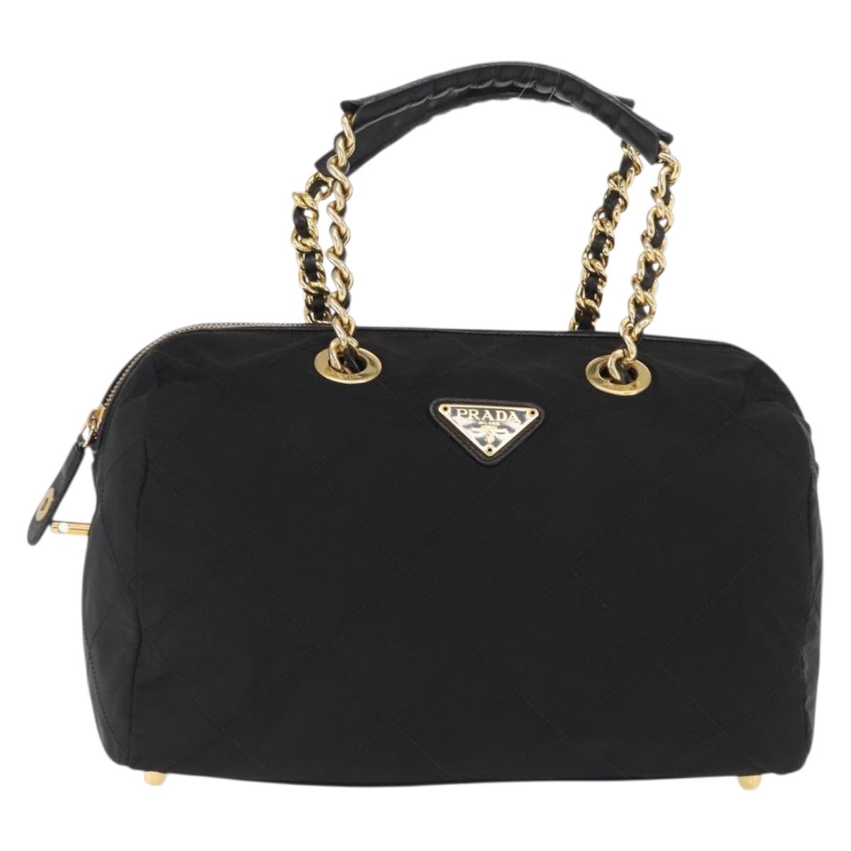 PRADA Chain Hand Bag Nylon Black Gold Auth 169679