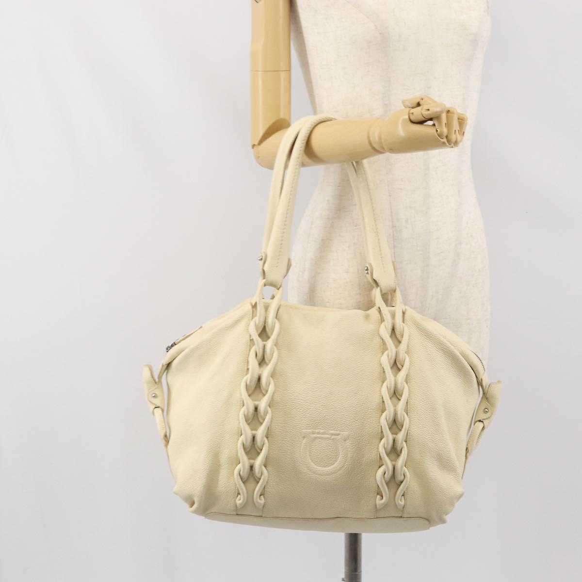 Salvatore Ferragamo Gancini Tote Bag Leather Silver Ivory Auth 169702