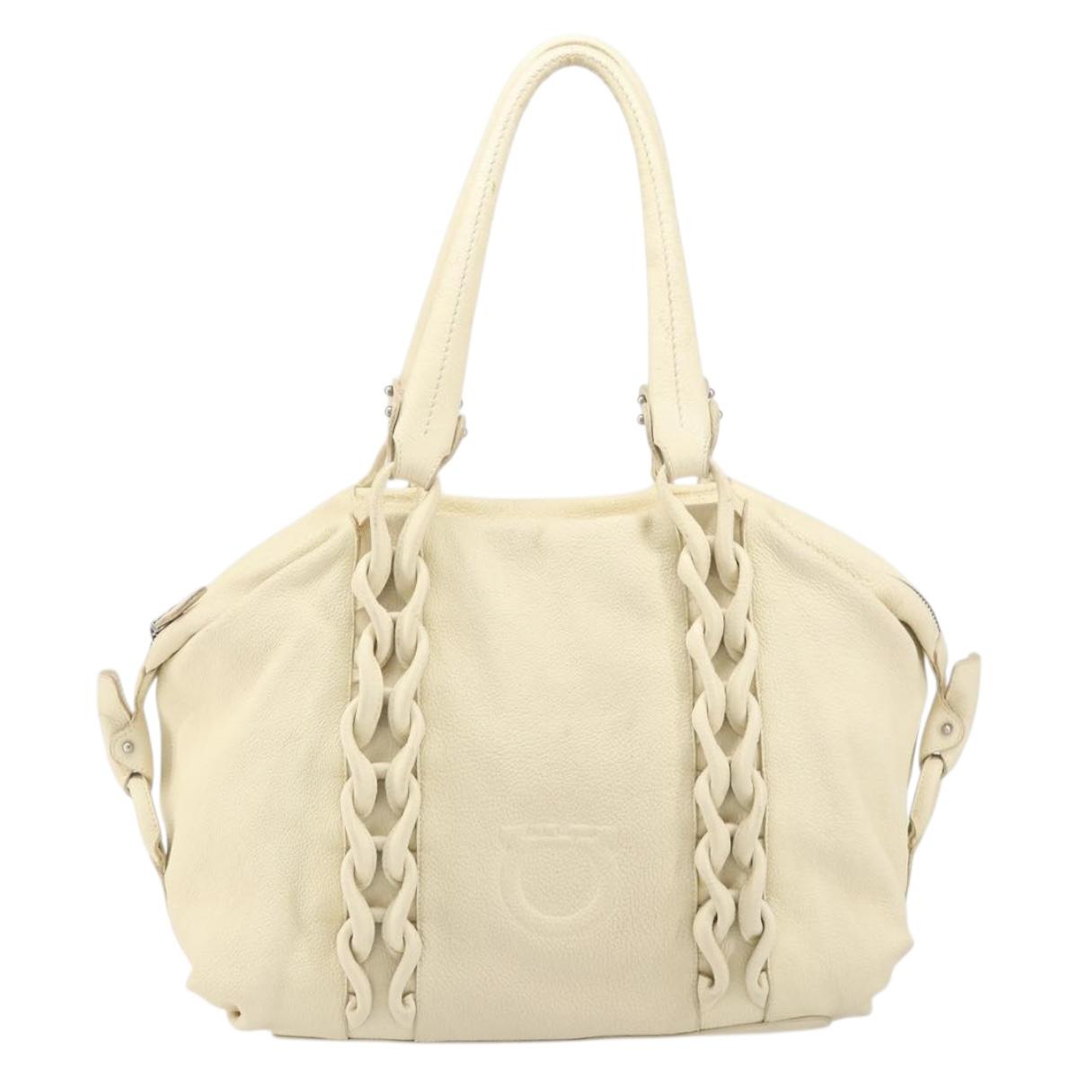 Salvatore Ferragamo Gancini Tote Bag Leather Silver Ivory Auth 169702