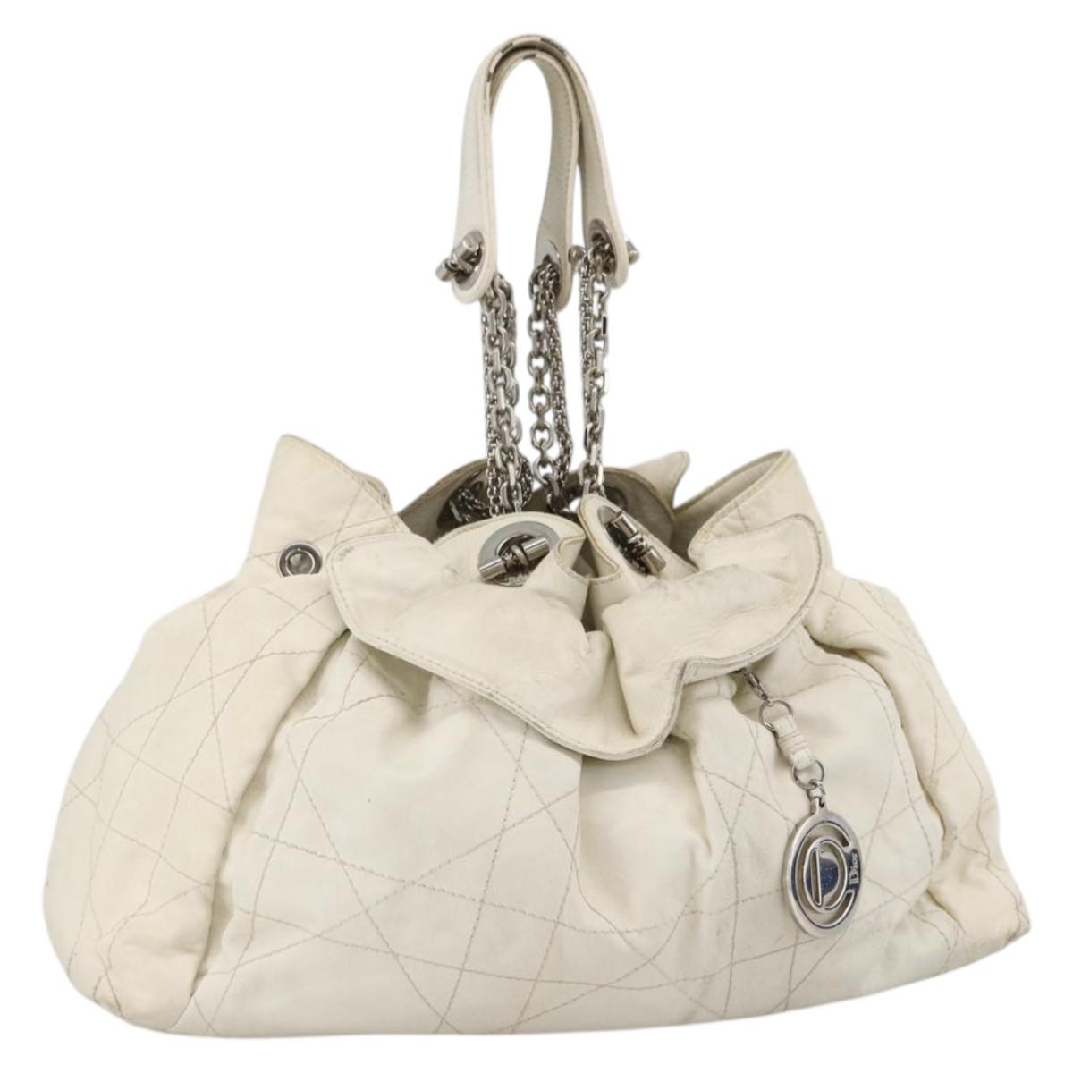 Christian Dior Canage Chain Shoulder Bag Lamb Skin White Silver Auth 169703
