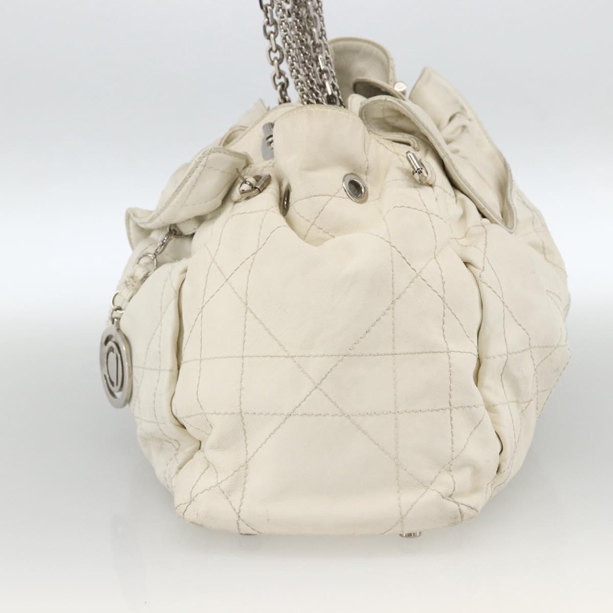 Christian Dior Canage Chain Shoulder Bag Lamb Skin White Silver Auth 169703