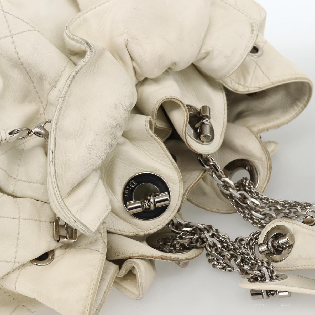 Christian Dior Canage Chain Shoulder Bag Lamb Skin White Silver Auth 169703