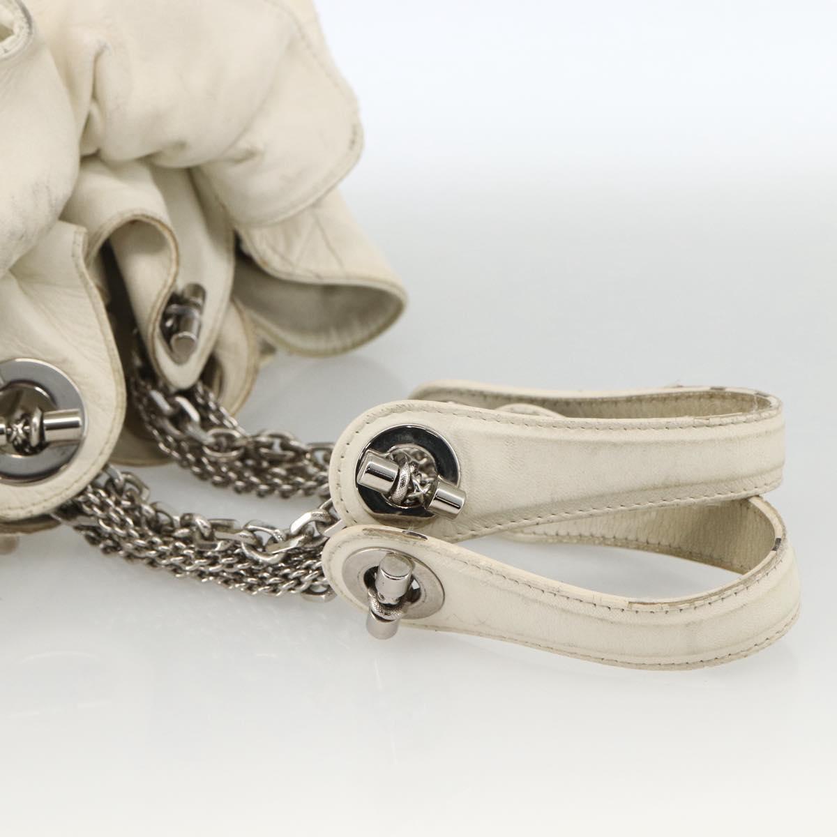 Christian Dior Canage Chain Shoulder Bag Lamb Skin White Silver Auth 169703