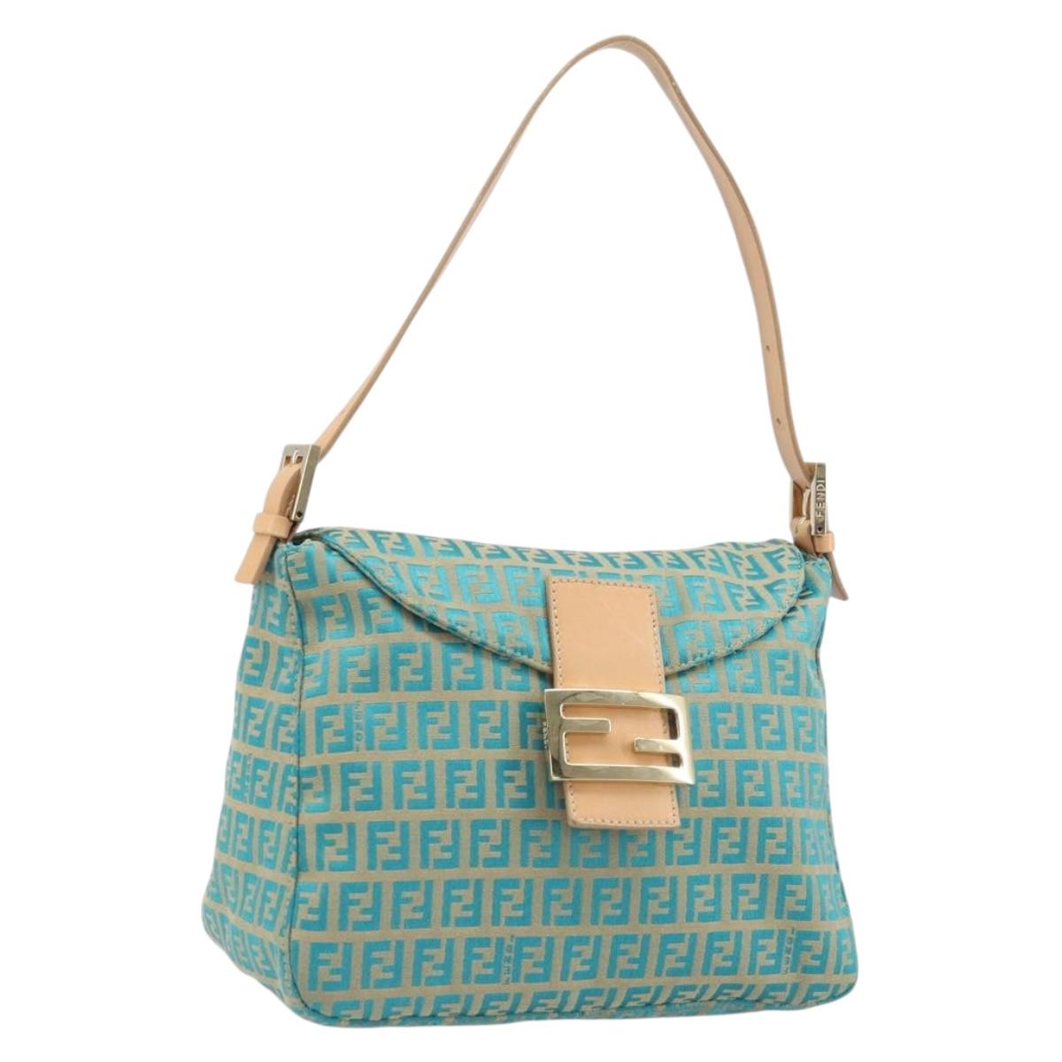 FENDI Zucchino Canvas Mamma Baguette Shoulder Bag Blue Gold Auth 169717SAV