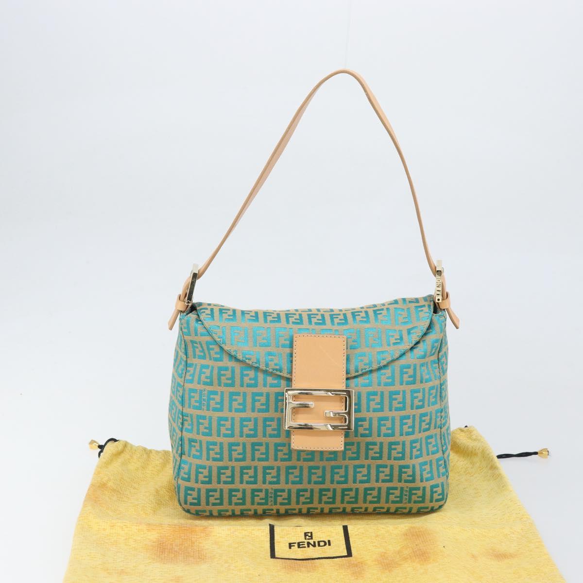 FENDI Zucchino Canvas Mamma Baguette Shoulder Bag Blue Gold Auth 169717SAV