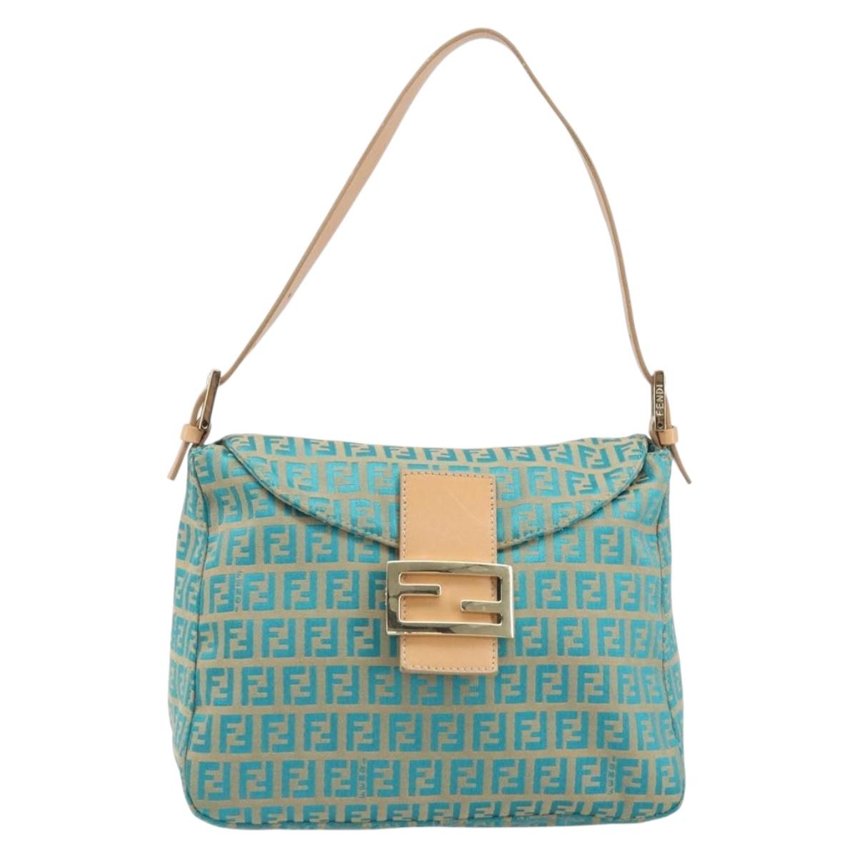 FENDI Zucchino Canvas Mamma Baguette Shoulder Bag Blue Gold Auth 169717SAV