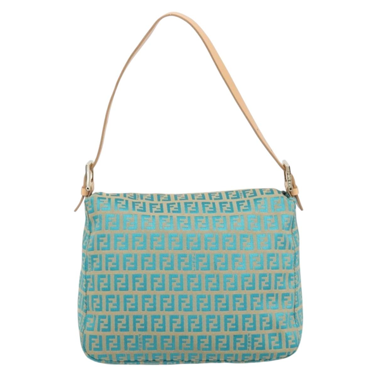 FENDI Zucchino Canvas Mamma Baguette Shoulder Bag Blue Gold Auth 169717SAV