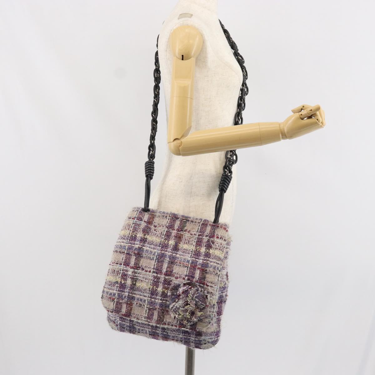 CHANEL Chain Camelia Shoulder Bag Tweed Multicolor Silver CC Auth 169721SAV