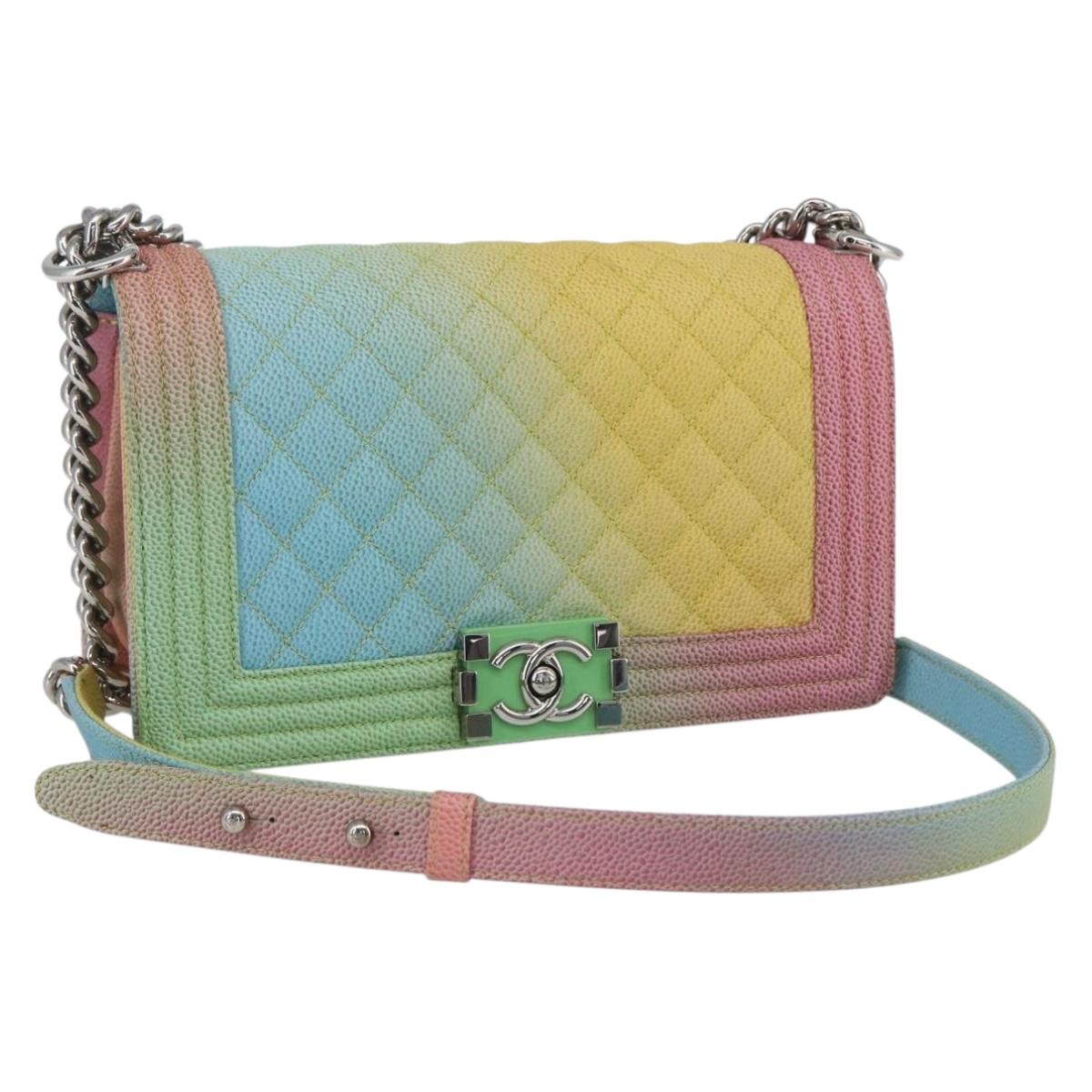 CHANEL Boy Chanel Medium Chain Bag Caviar Skin Multicolor CC Auth 169741SM